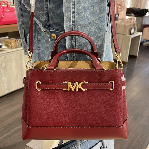Michael Kors Reed Small Dark Cherry Leather Center Zip Belted Satchel Bag Purse - Picture 16 of 16